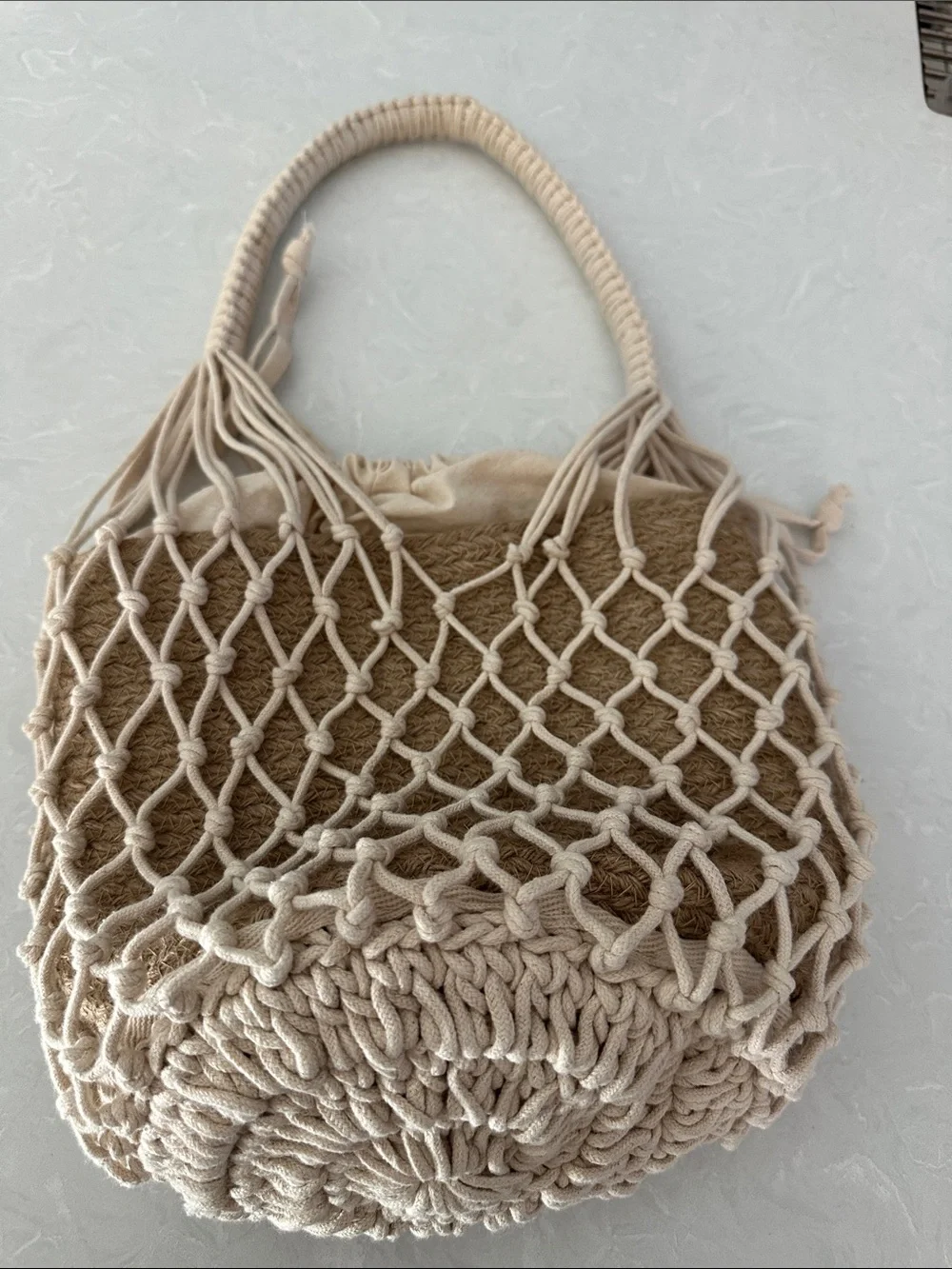 Crocheted Mesh & Straw bucket bag